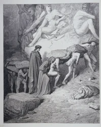 Högmodets börda, ur «Den gudomliga komedin» (Purgatorio) av Dante Alighieri (1265-1321), graverad av Antoine Valerie Bertrand (f. 1823), ca 1868